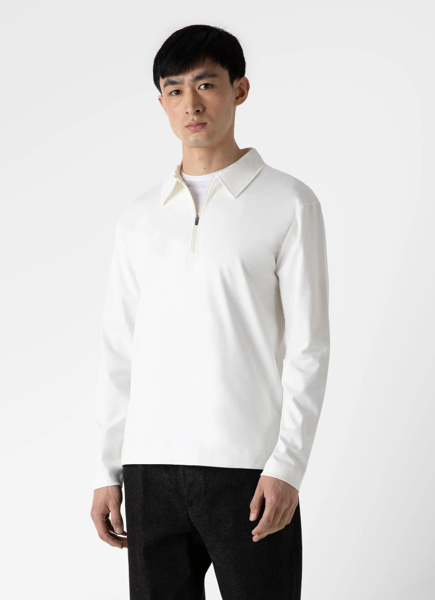 Men's Brushed Cotton Long Sleeve Polo Shirt in Ecru sold by Sunspel product image thumbnail 2