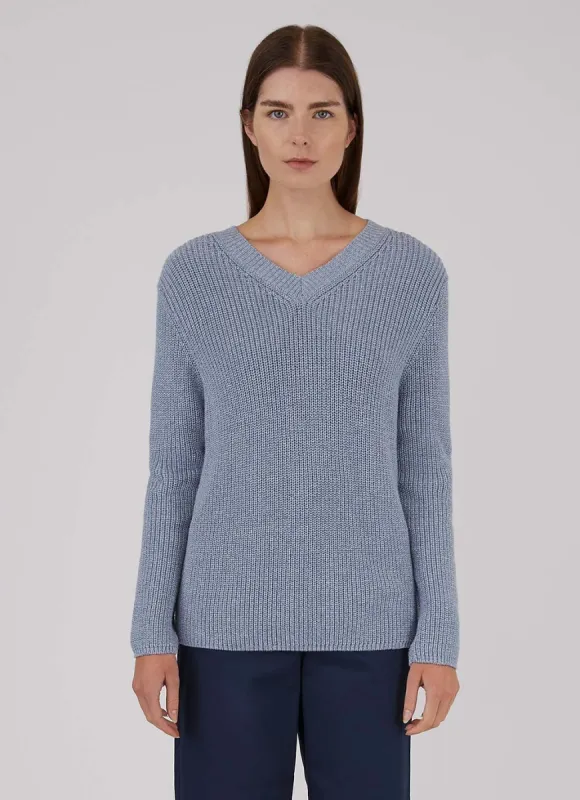 Women's Cotton Rib V Neck Jumper in Blue Twist made by Sunspel