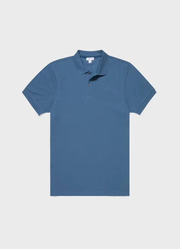 Men's Piqué Polo Shirt in Steel Blue sold by Sunspel