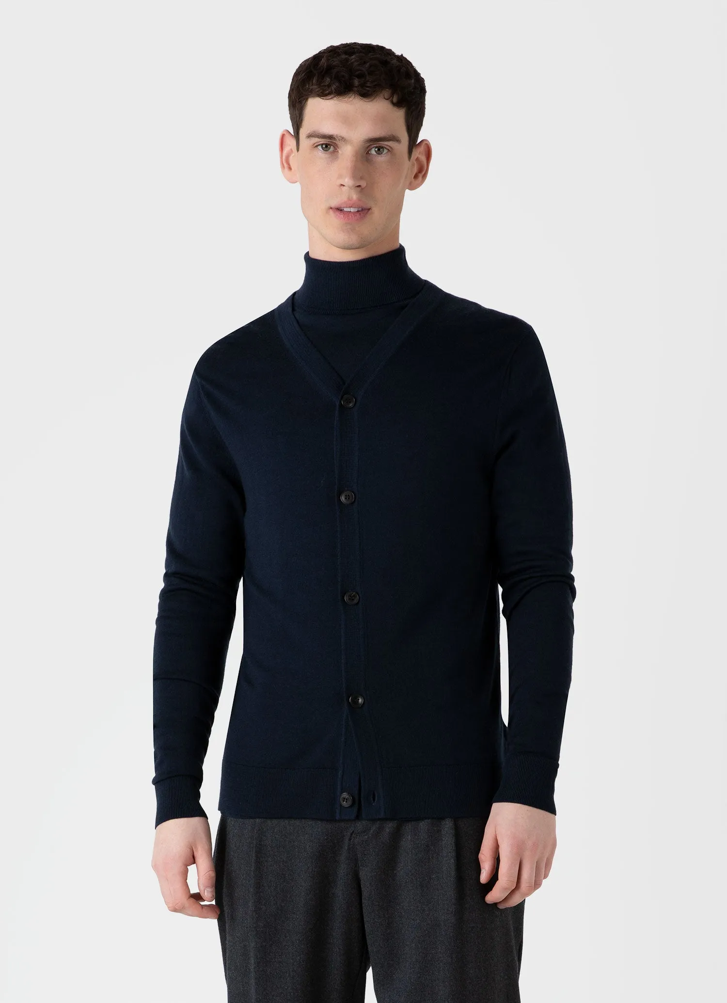 Men's Extra-Fine Merino Cardigan in Light Navy sold by Sunspel product image thumbnail 2