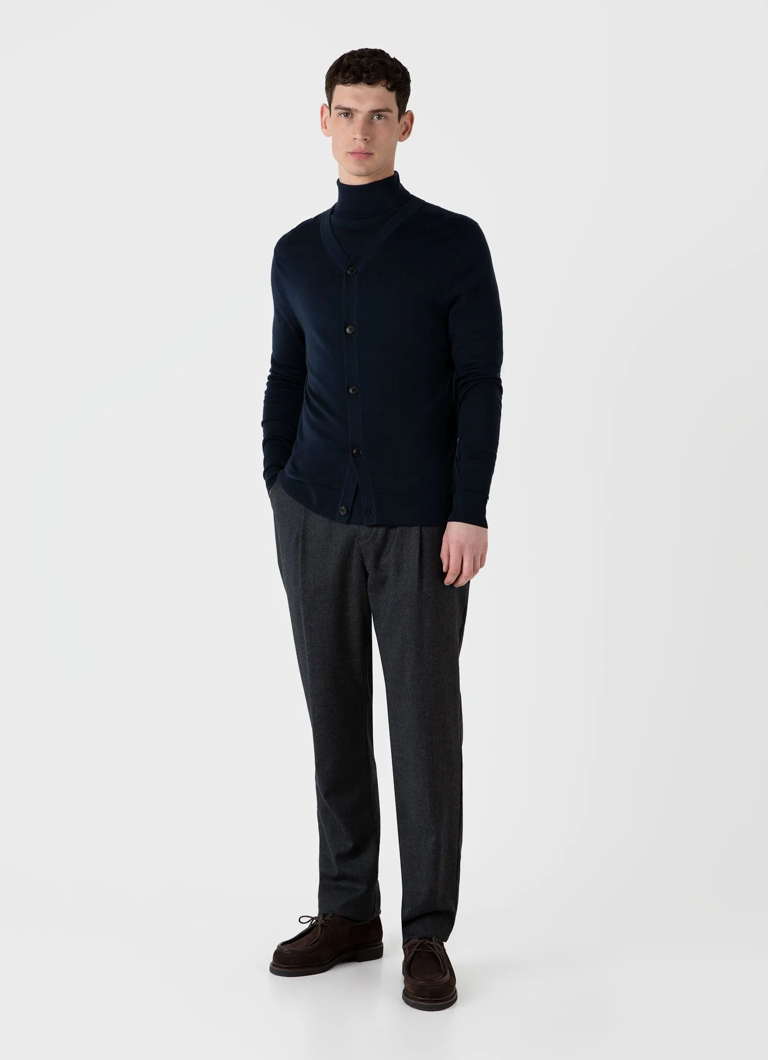 Men's Extra-Fine Merino Cardigan in Light Navy sold by Sunspel product image thumbnail 3