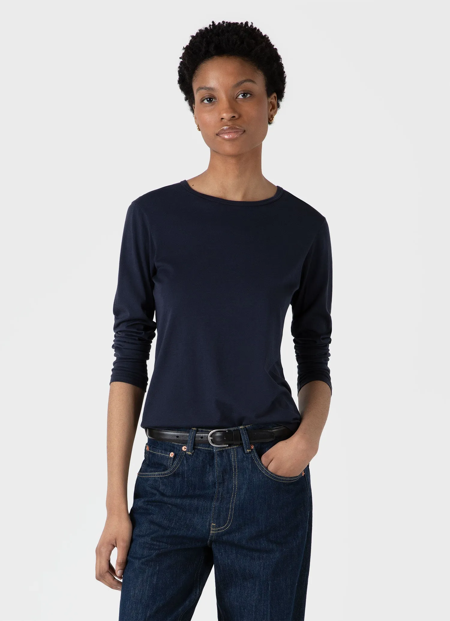 Women's Long Sleeve Classic T-shirt in Navy sold by Sunspel