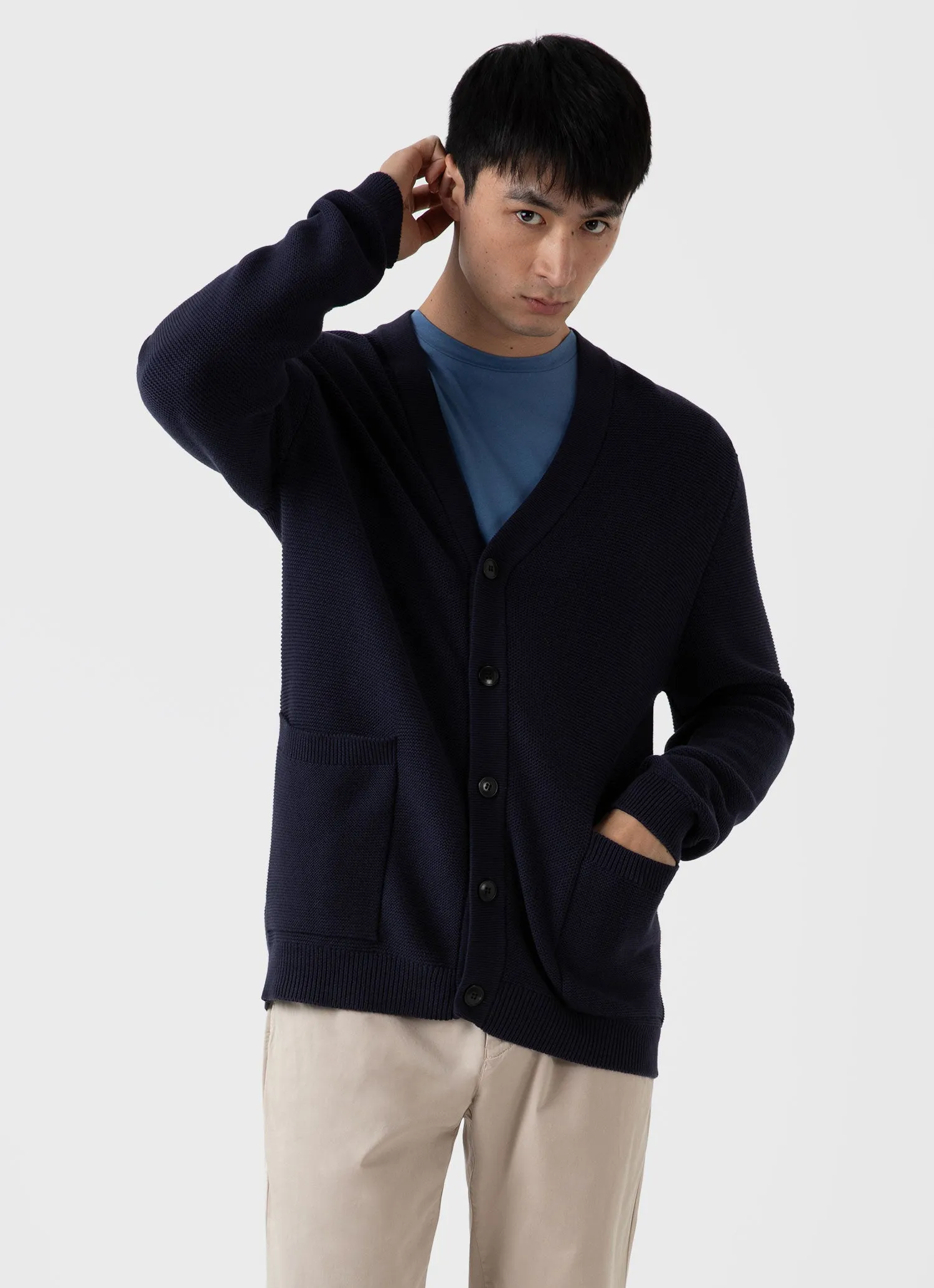 Men's Cotton Texture Cardigan in Navy sold by Sunspel product image thumbnail 2