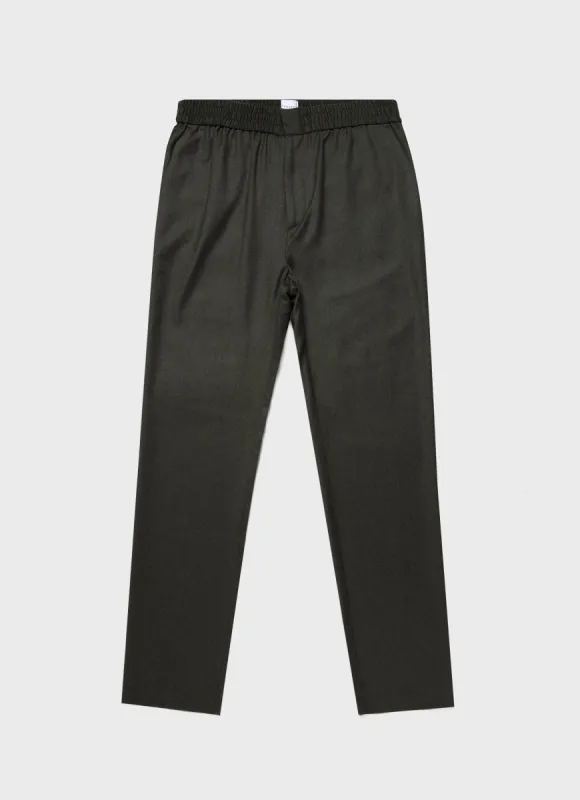Men's Wool Flannel Drawstring Trouser in Dark Moss Melange sold by Sunspel
