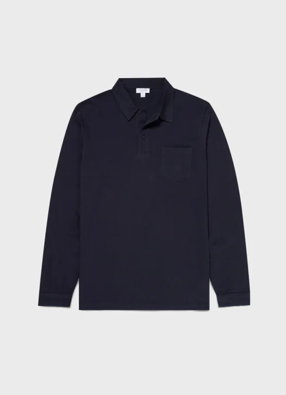 Men's Riviera Long Sleeve Polo Shirt in Navy sold by Sunspel