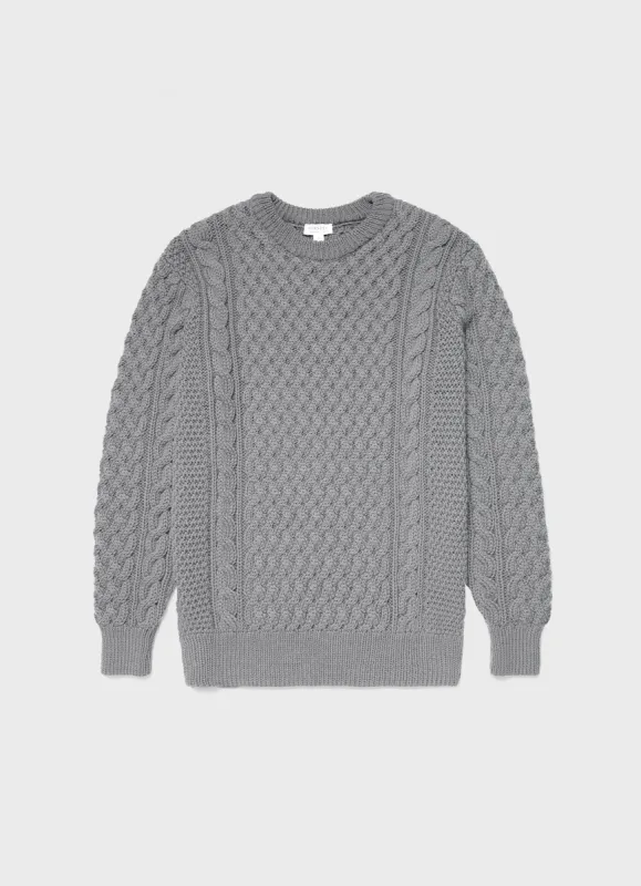 Men's Merino Cable Jumper in Grey Melange sold by Sunspel