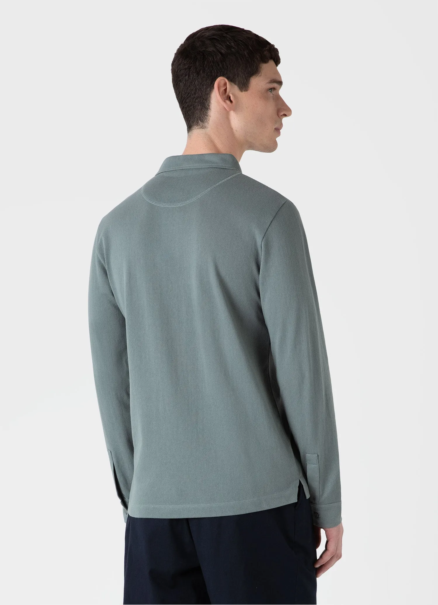 Men's Long Sleeve Riviera Polo Shirt in Smoke Green sold by Sunspel product image thumbnail 5