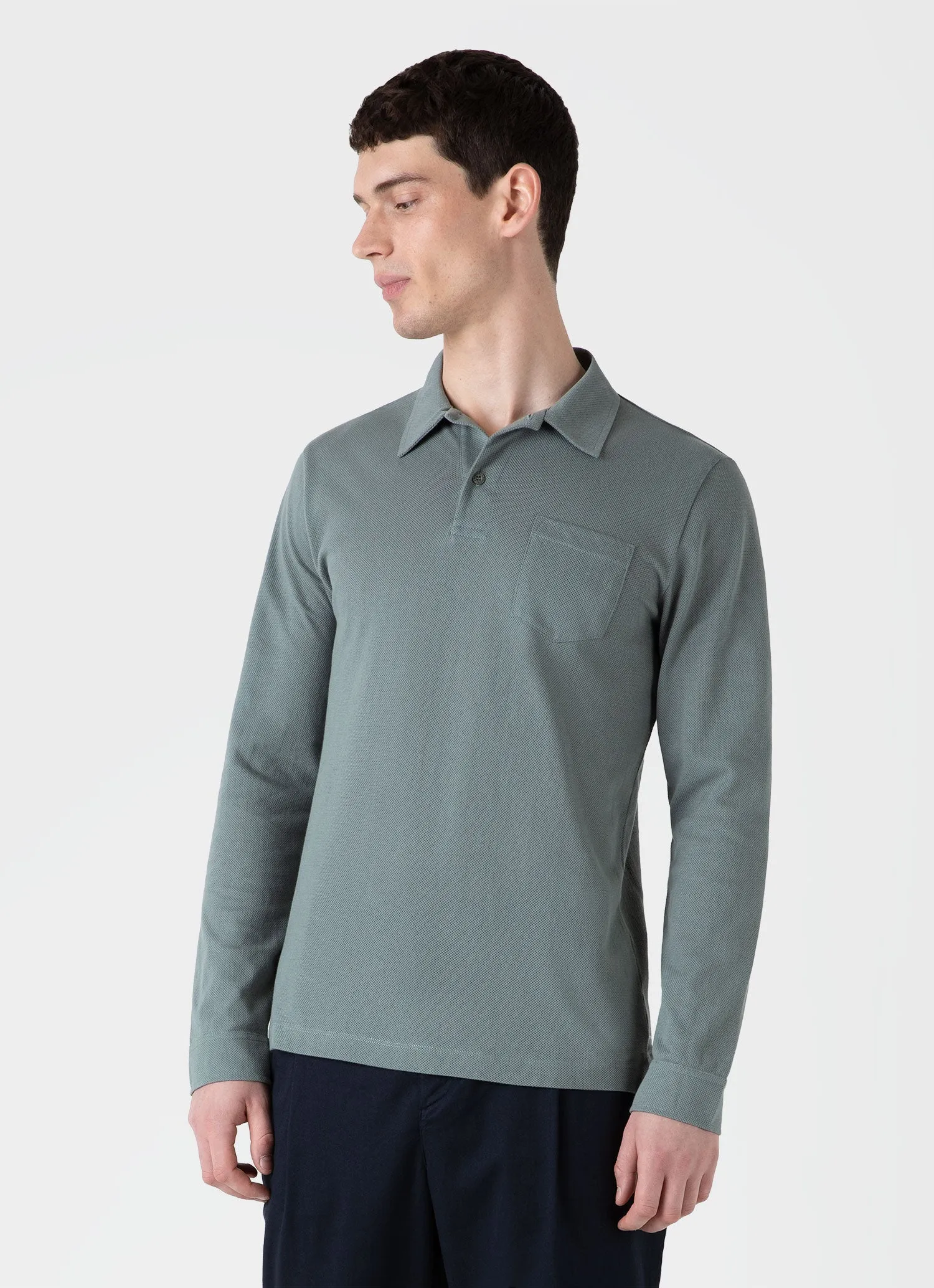 Men's Long Sleeve Riviera Polo Shirt in Smoke Green sold by Sunspel product image thumbnail 2