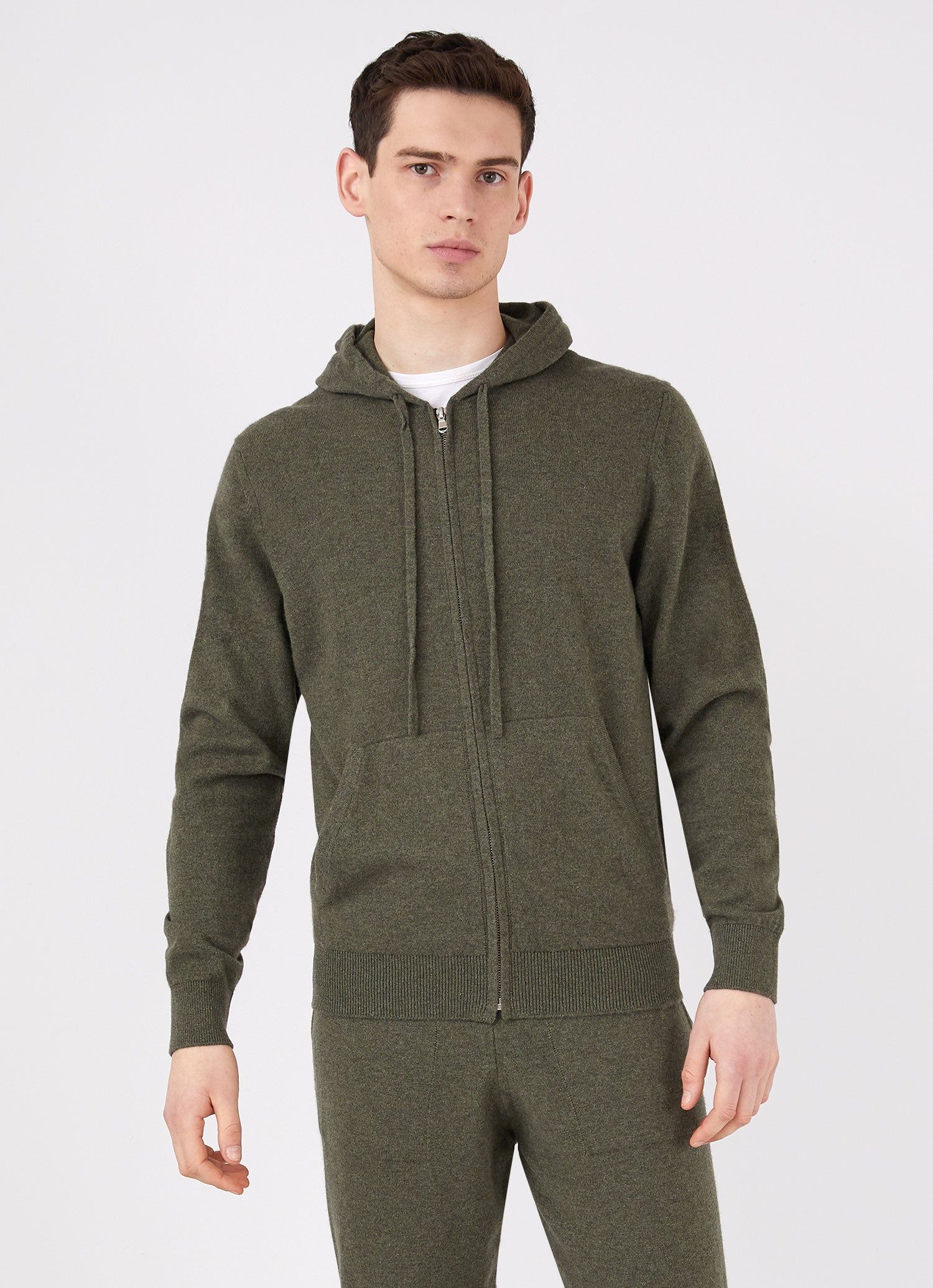 Men's Cashmere Zip Hoodie in Dark Moss sold by Sunspel product image thumbnail 2
