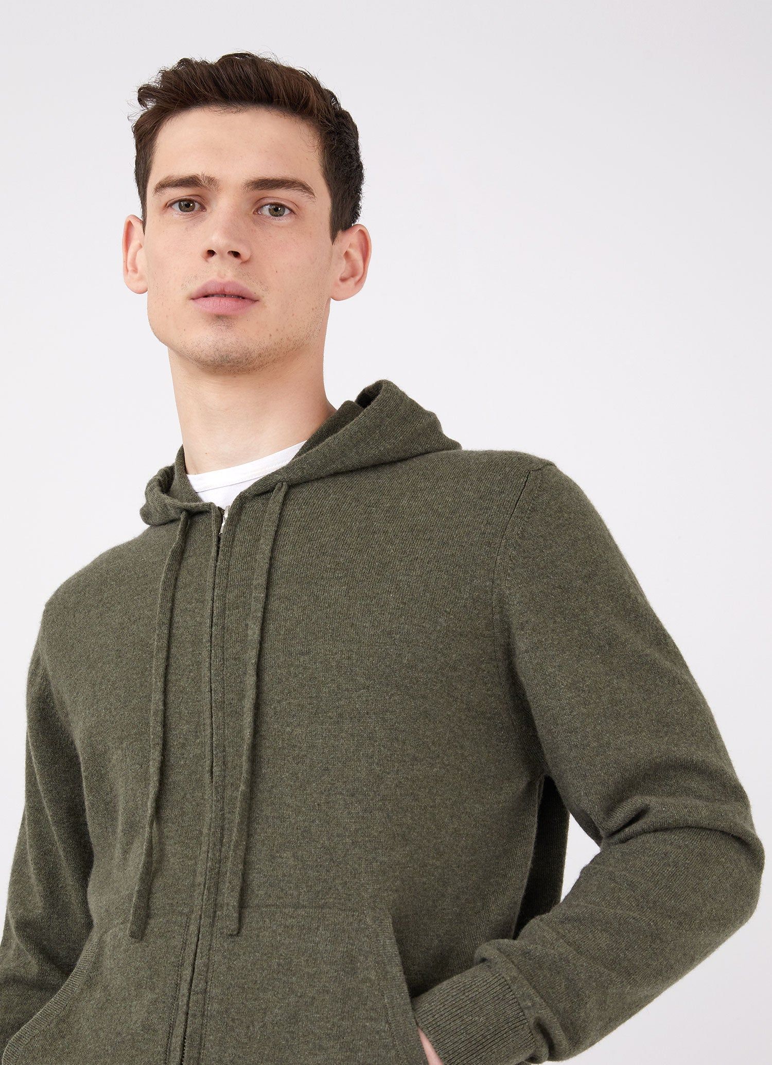 Men's Cashmere Zip Hoodie in Dark Moss sold by Sunspel product image thumbnail 5