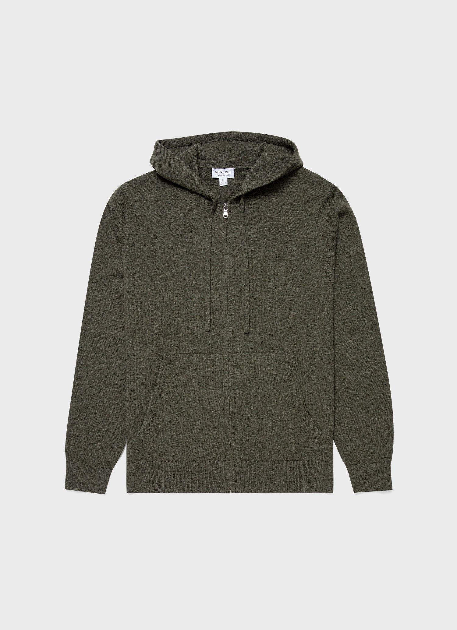 Men's Cashmere Zip Hoodie in Dark Moss sold by Sunspel