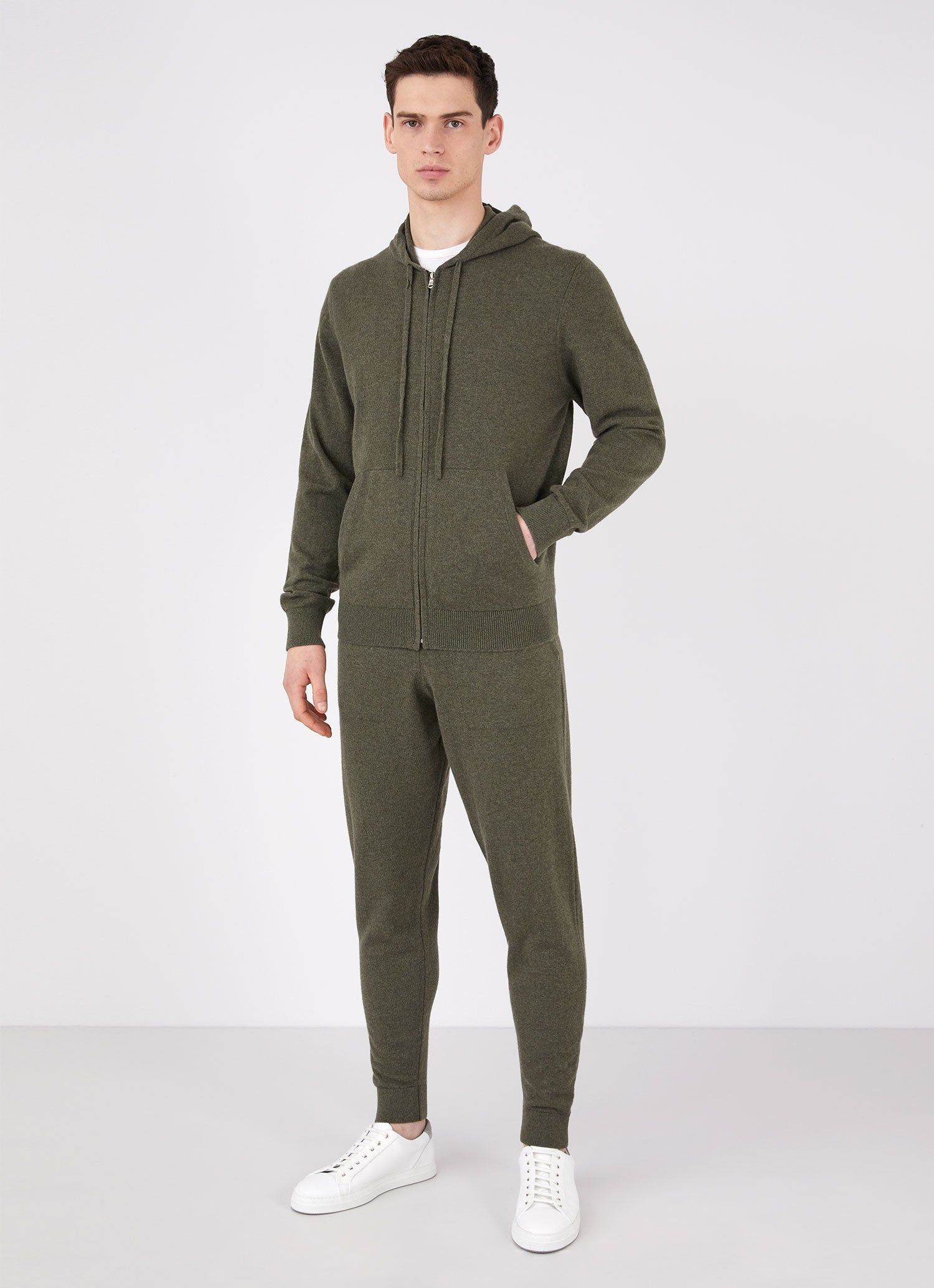 Men's Cashmere Zip Hoodie in Dark Moss sold by Sunspel product image thumbnail 3
