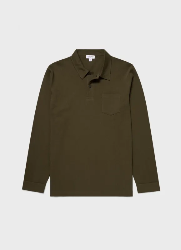 Men's Long Sleeve Riviera Polo Shirt in Dark Olive sold by Sunspel