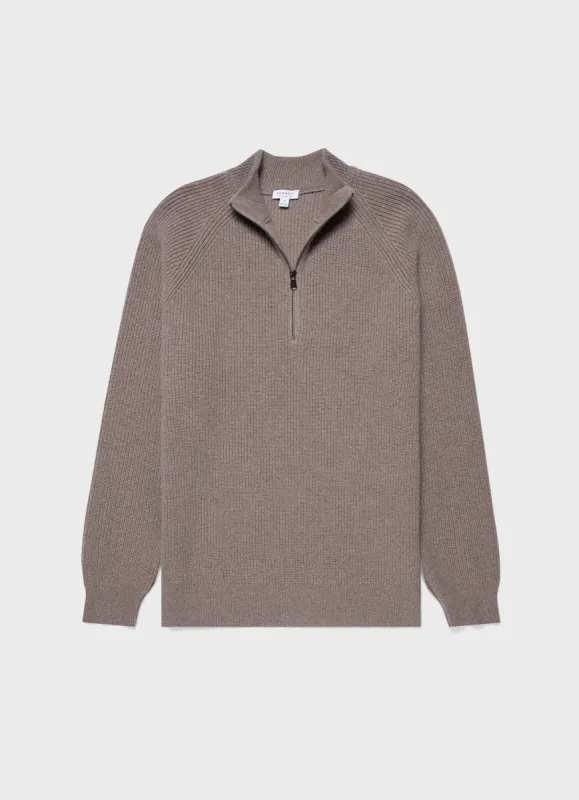 Men's Lambswool Cashmere Zip Neck Jumper in Oatmeal Melange sold by Sunspel