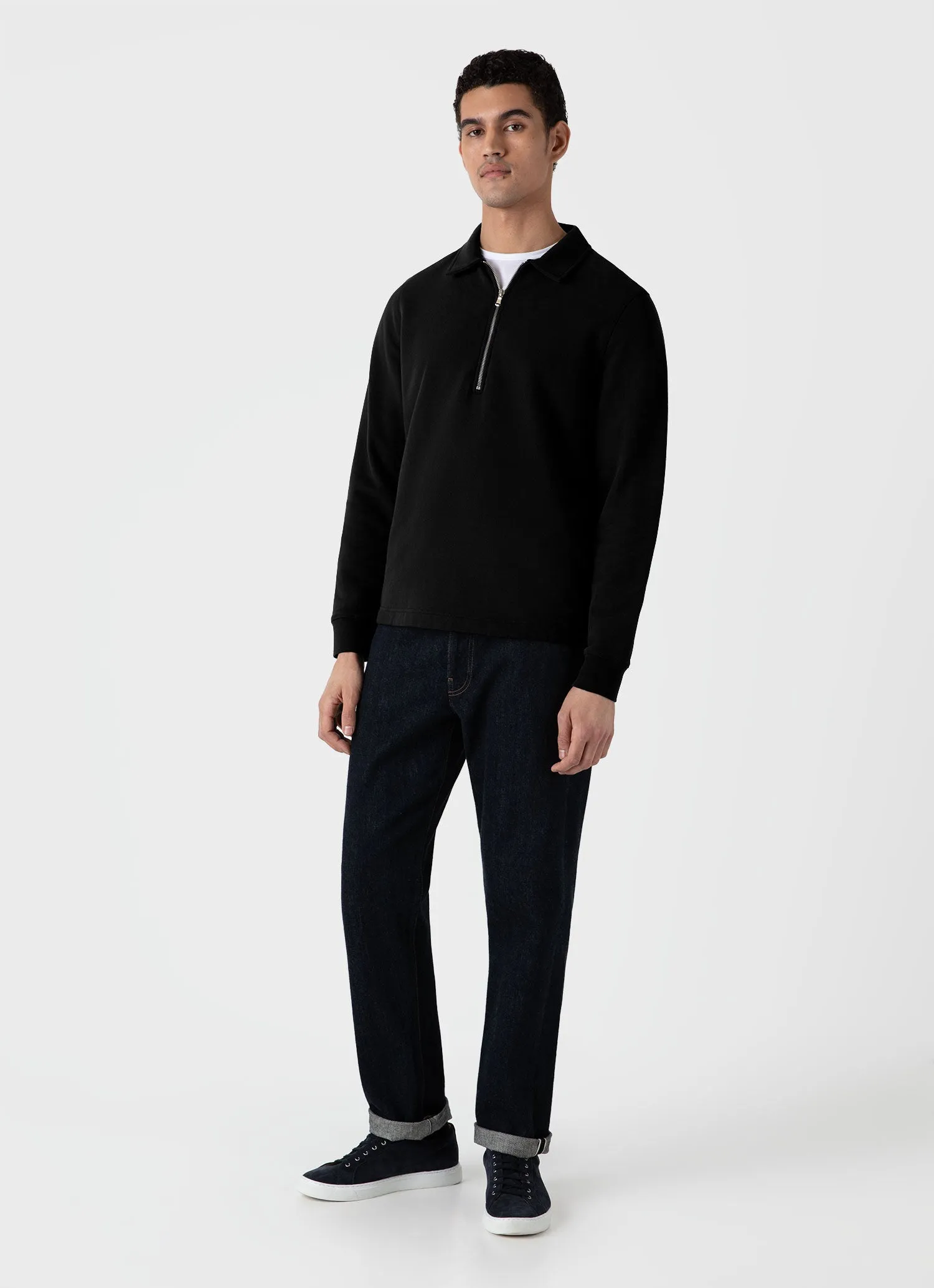 Men's Zip Polo Loopback Sweatshirt in Black sold by Sunspel product image thumbnail 3