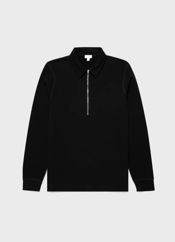 Men's Zip Polo Loopback Sweatshirt in Black sold by Sunspel