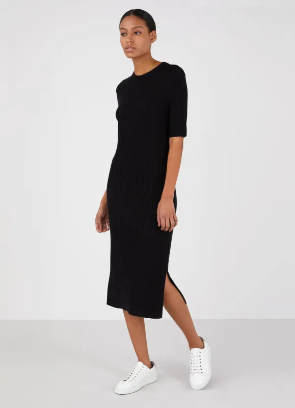 Women's Rib Crew Dress in Black made by Sunspel