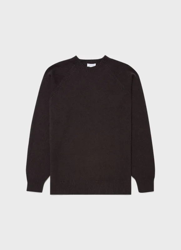 Men's Lambswool Crew Neck Jumper in Dark Walnut sold by Sunspel