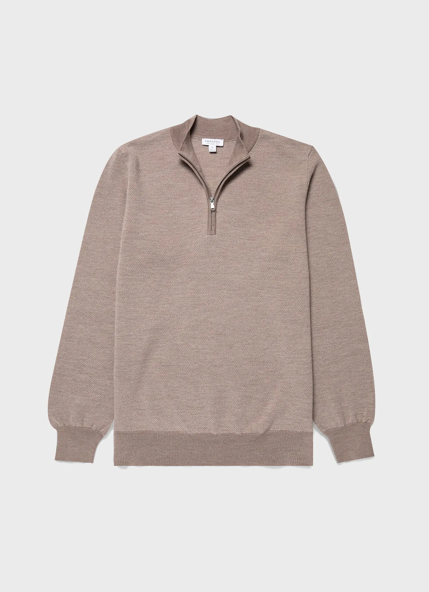 Men's Merino Honeycomb Zip Neck Jumper in Light Sandstone sold by Sunspel
