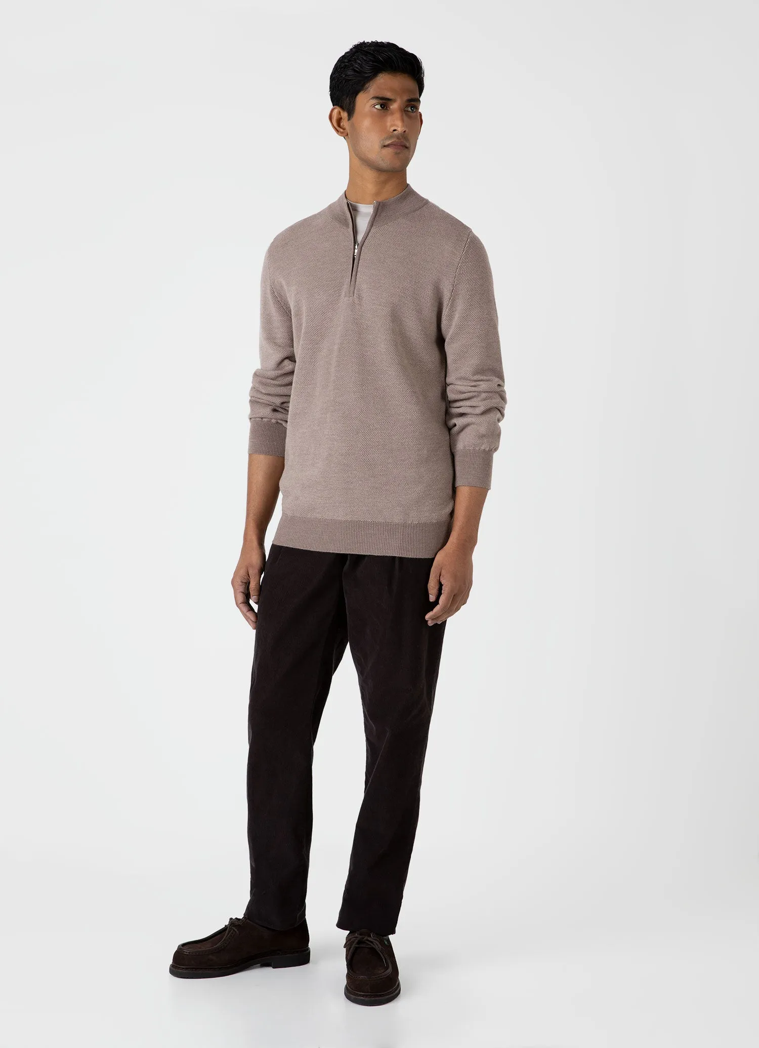Men's Merino Honeycomb Zip Neck Jumper in Light Sandstone sold by Sunspel product image thumbnail 3