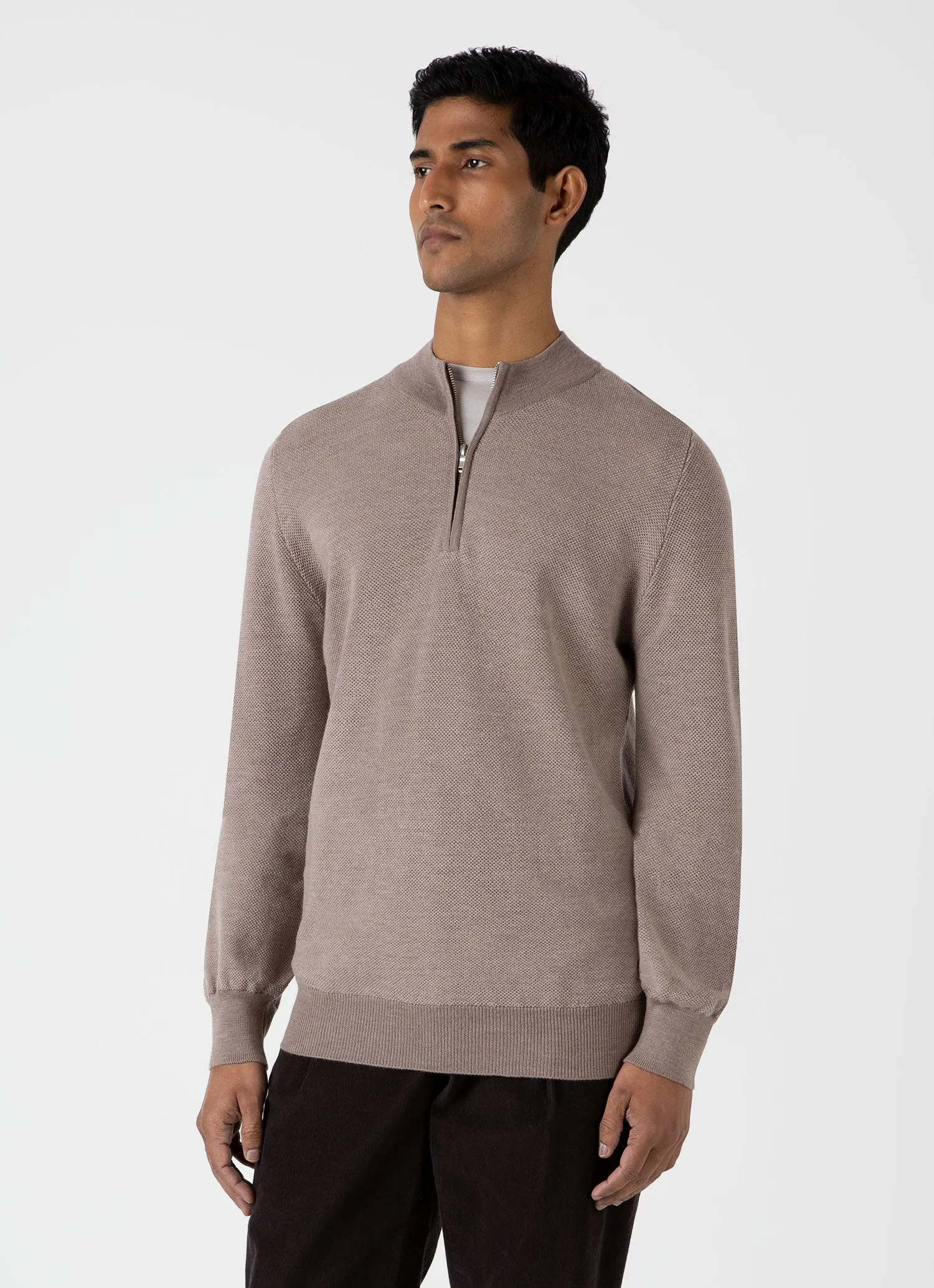 Men's Merino Honeycomb Zip Neck Jumper in Light Sandstone sold by Sunspel product image thumbnail 2