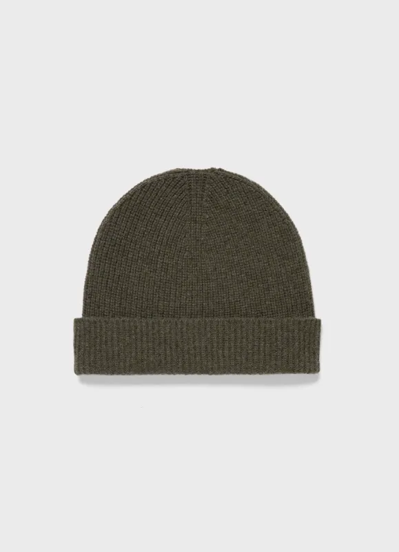 Cashmere Ribbed Hat in Dark Moss sold by Sunspel