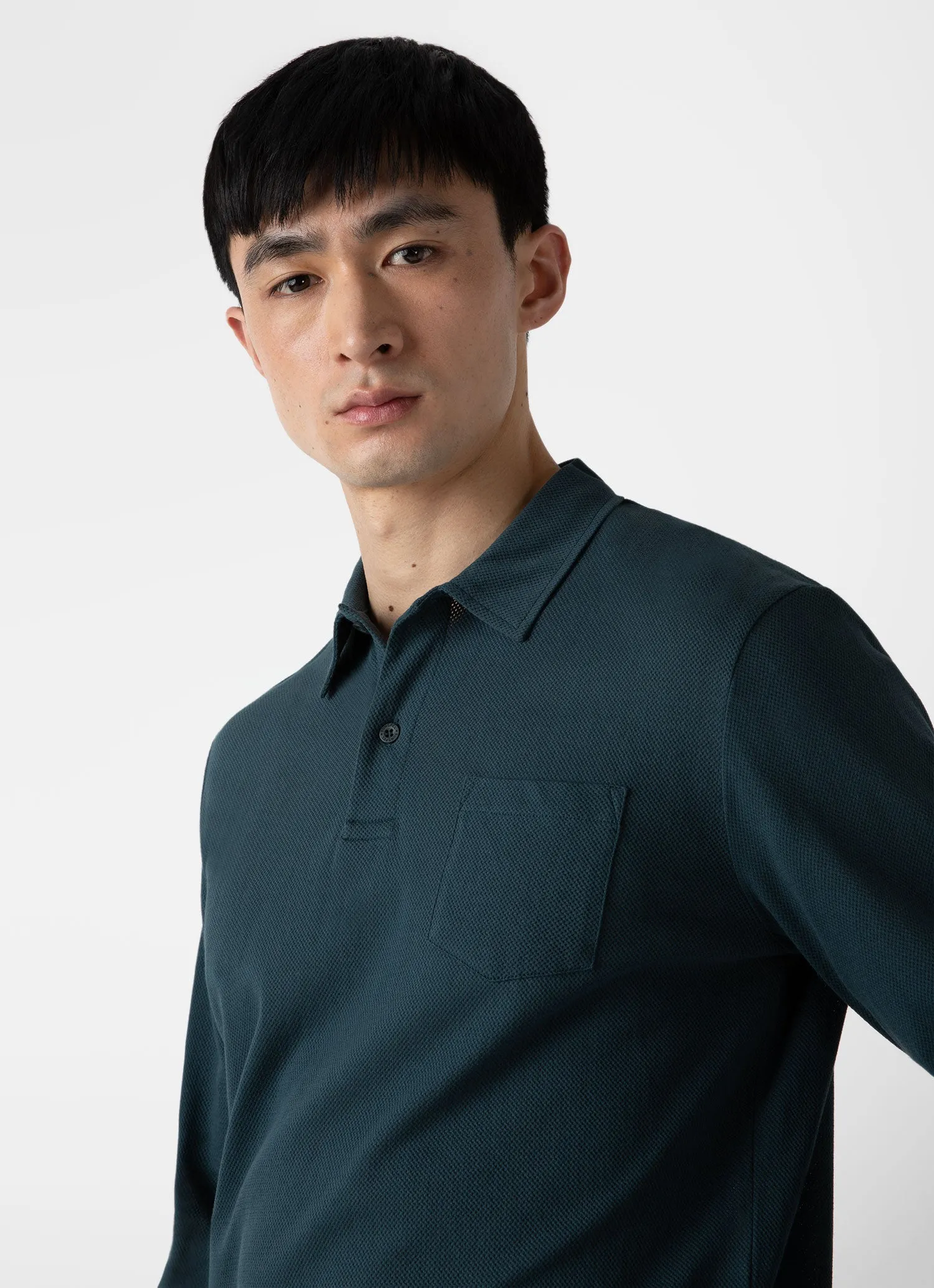 Men's Riviera Long Sleeve Polo Shirt in Peacock sold by Sunspel product image thumbnail 5