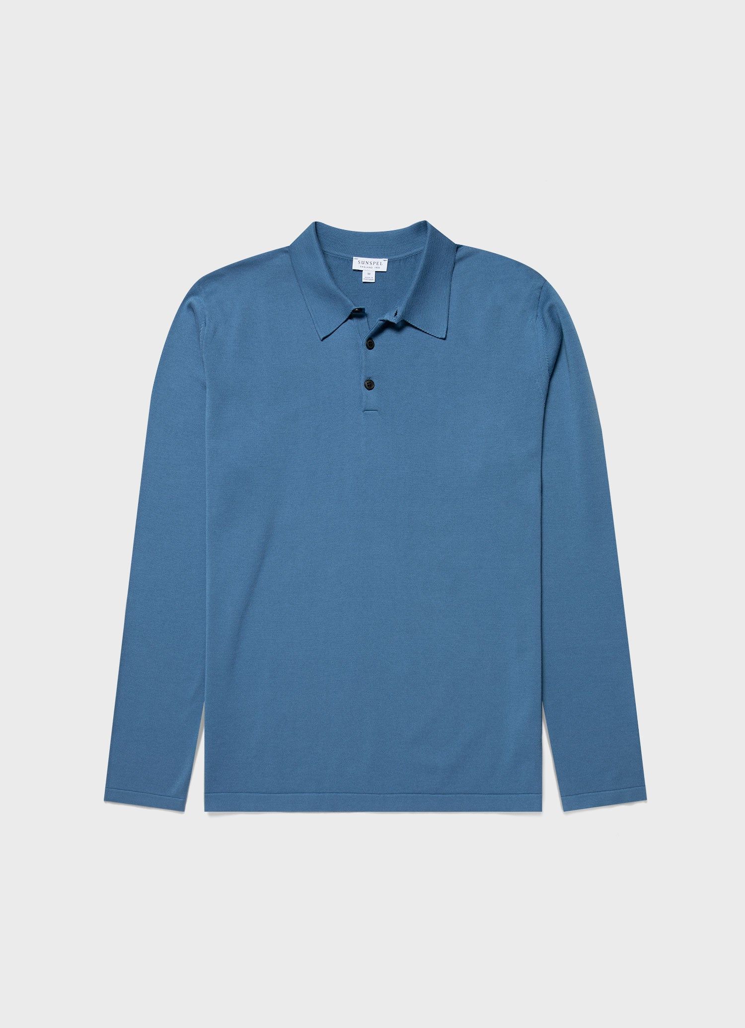 Men's Sea Island Cotton Long Sleeve Polo Shirt in Bluestone sold by Sunspel