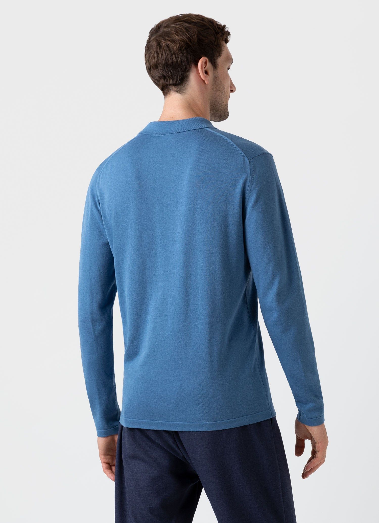 Men's Sea Island Cotton Long Sleeve Polo Shirt in Bluestone sold by Sunspel product image thumbnail 4
