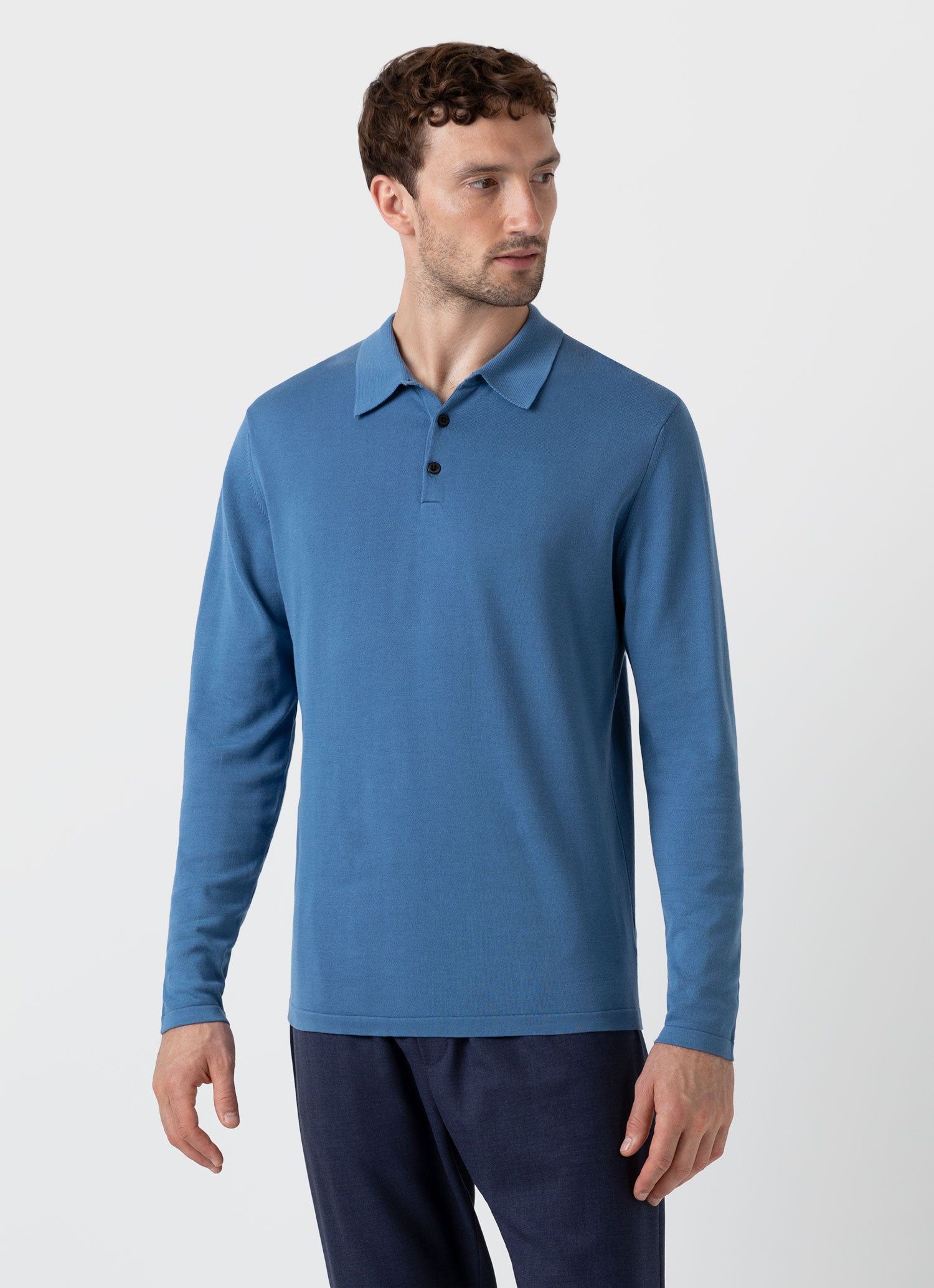 Men's Sea Island Cotton Long Sleeve Polo Shirt in Bluestone sold by Sunspel product image thumbnail 2