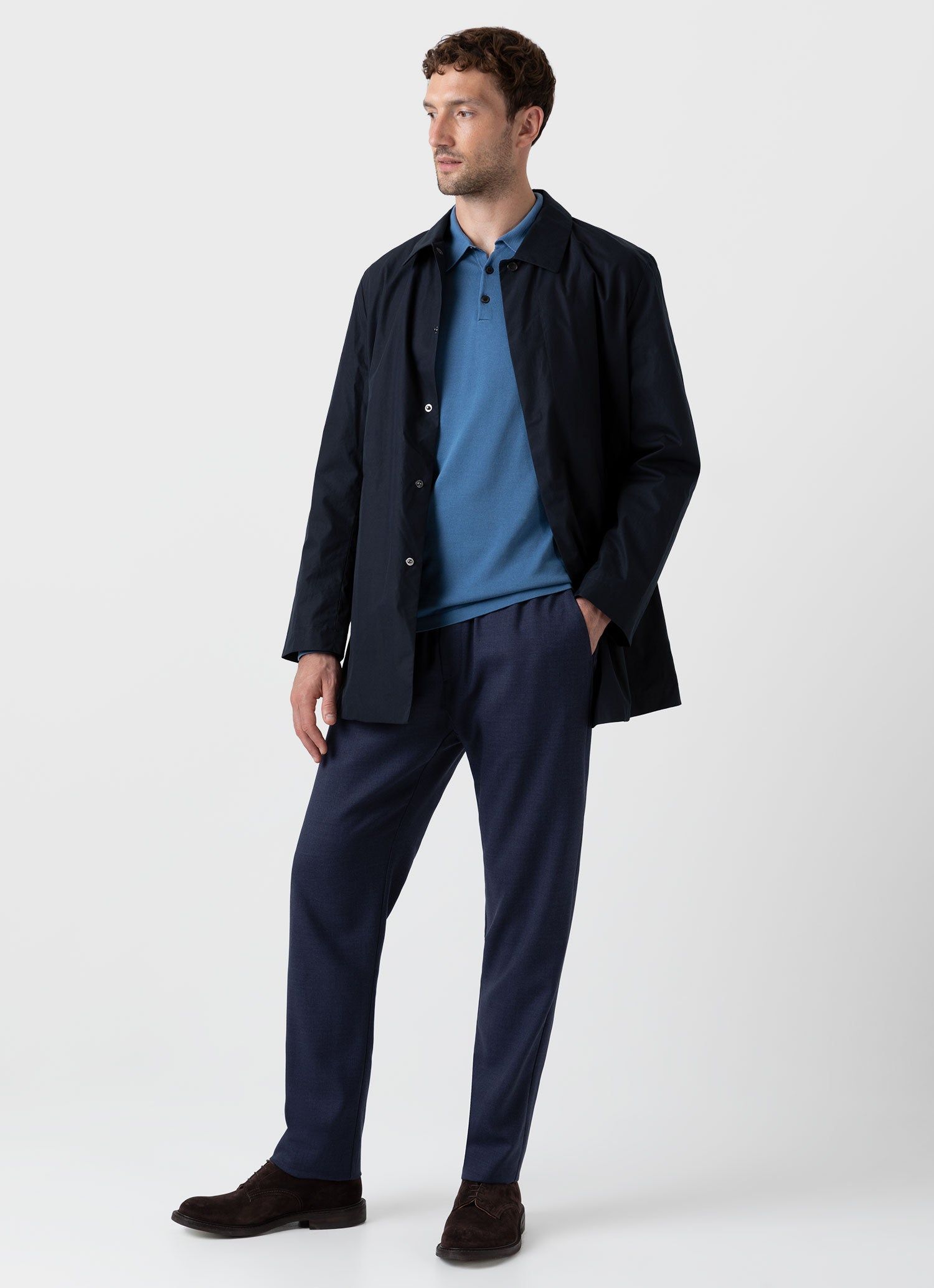 Men's Sea Island Cotton Long Sleeve Polo Shirt in Bluestone sold by Sunspel product image thumbnail 3