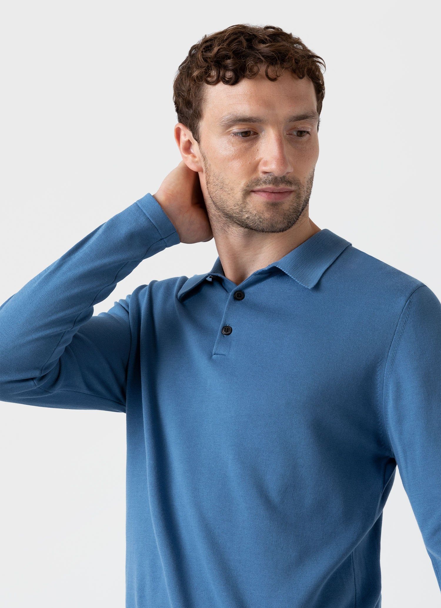 Men's Sea Island Cotton Long Sleeve Polo Shirt in Bluestone sold by Sunspel product image thumbnail 5