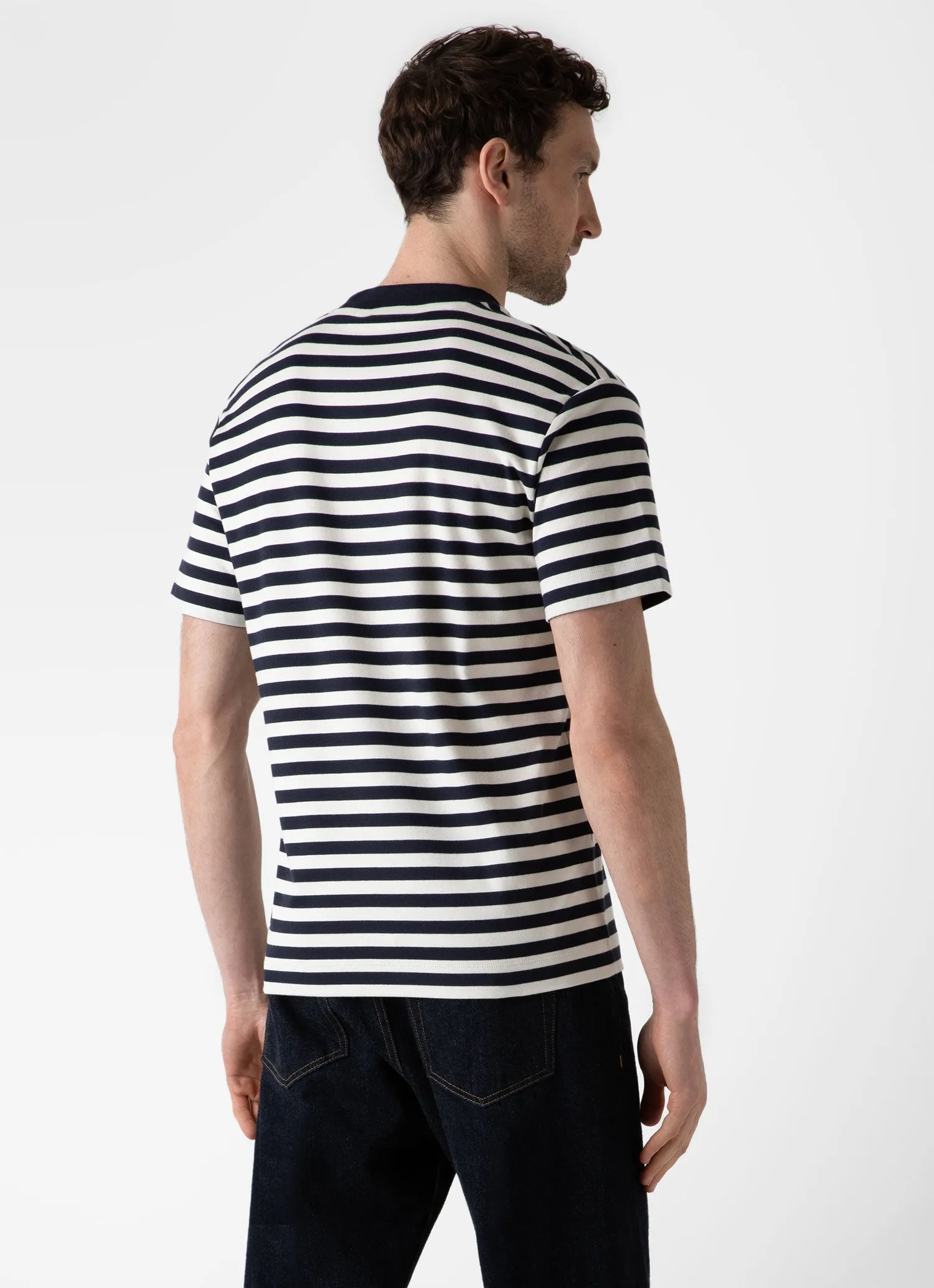 Men's Brushed Cotton T-shirt in Navy/Ecru Block Stripe sold by Sunspel product image thumbnail 4