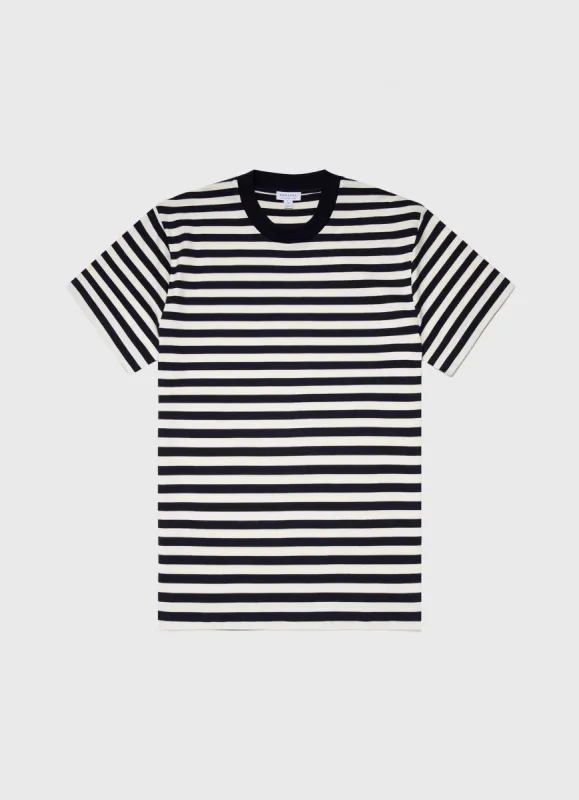 Men's Brushed Cotton T-shirt in Navy/Ecru Block Stripe sold by Sunspel