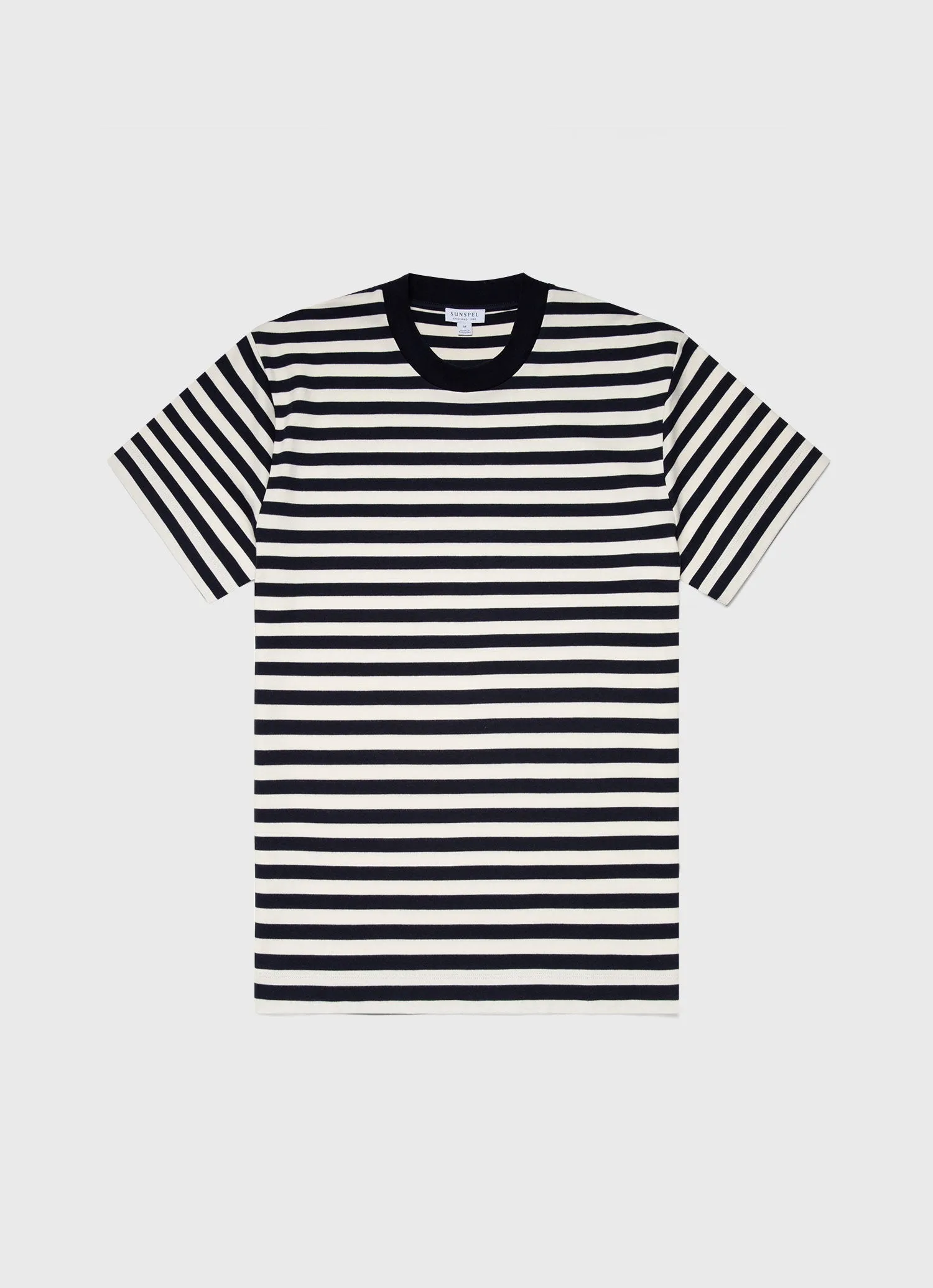 Men's Brushed Cotton T-shirt in Navy/Ecru Block Stripe sold by Sunspel