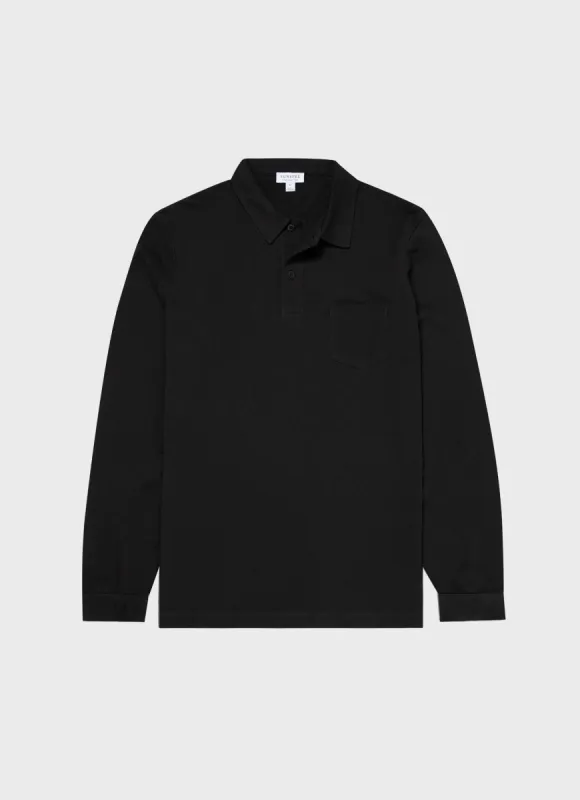 Men's Riviera Long Sleeve Polo Shirt in Black sold by Sunspel