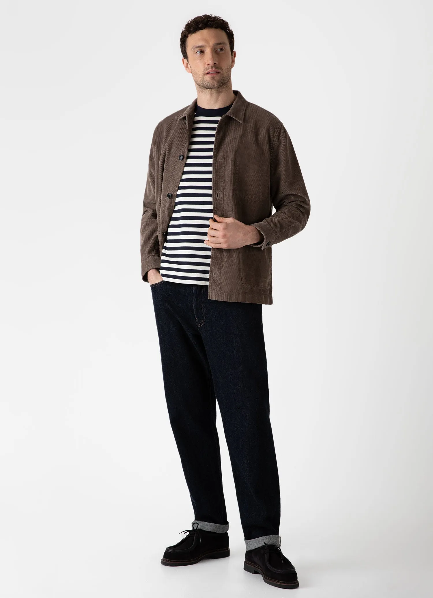 Men's Brushed Cotton T-shirt in Navy/Ecru Block Stripe sold by Sunspel product image thumbnail 3