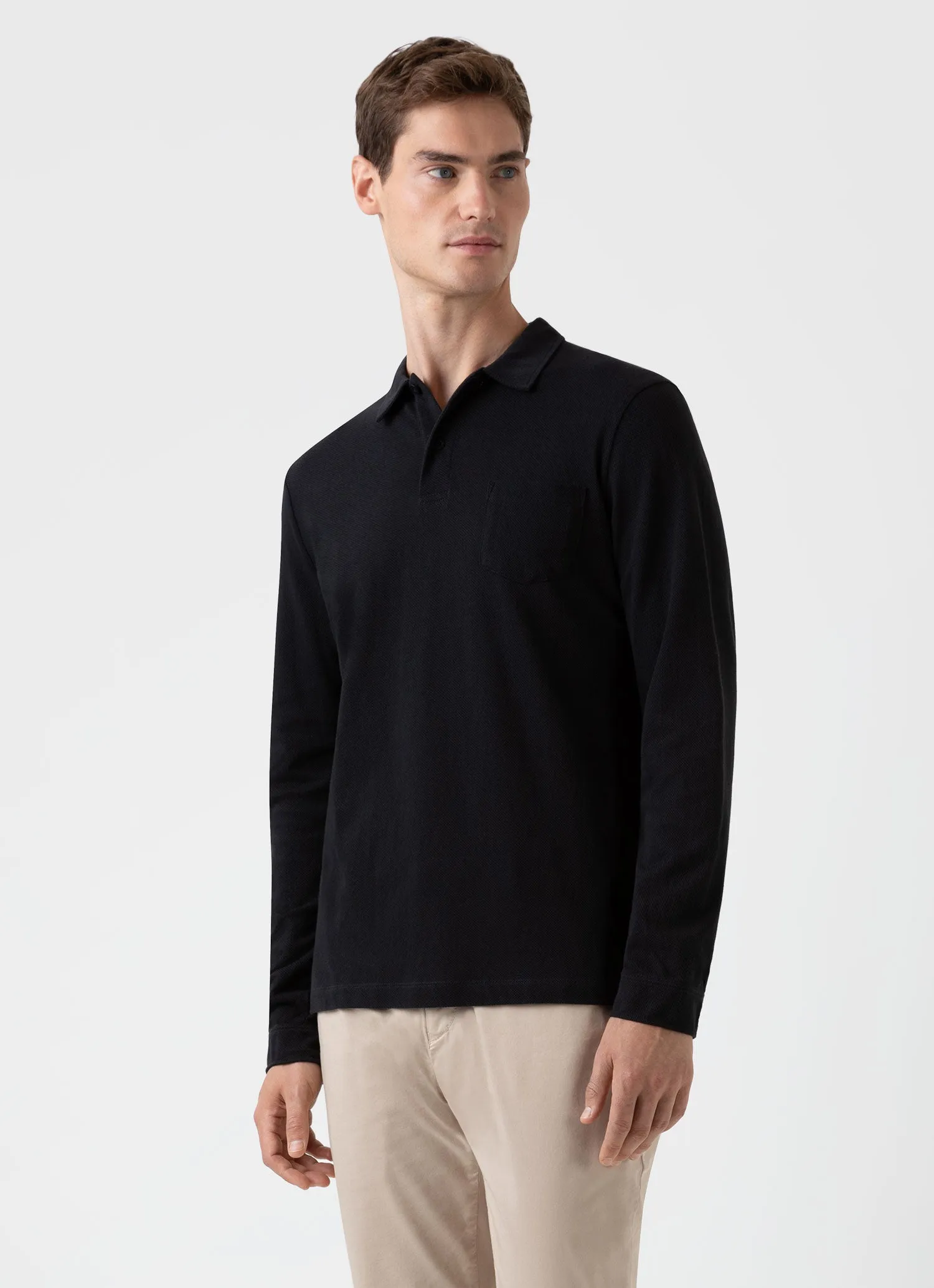 Men's Riviera Long Sleeve Polo Shirt in Black sold by Sunspel product image thumbnail 2