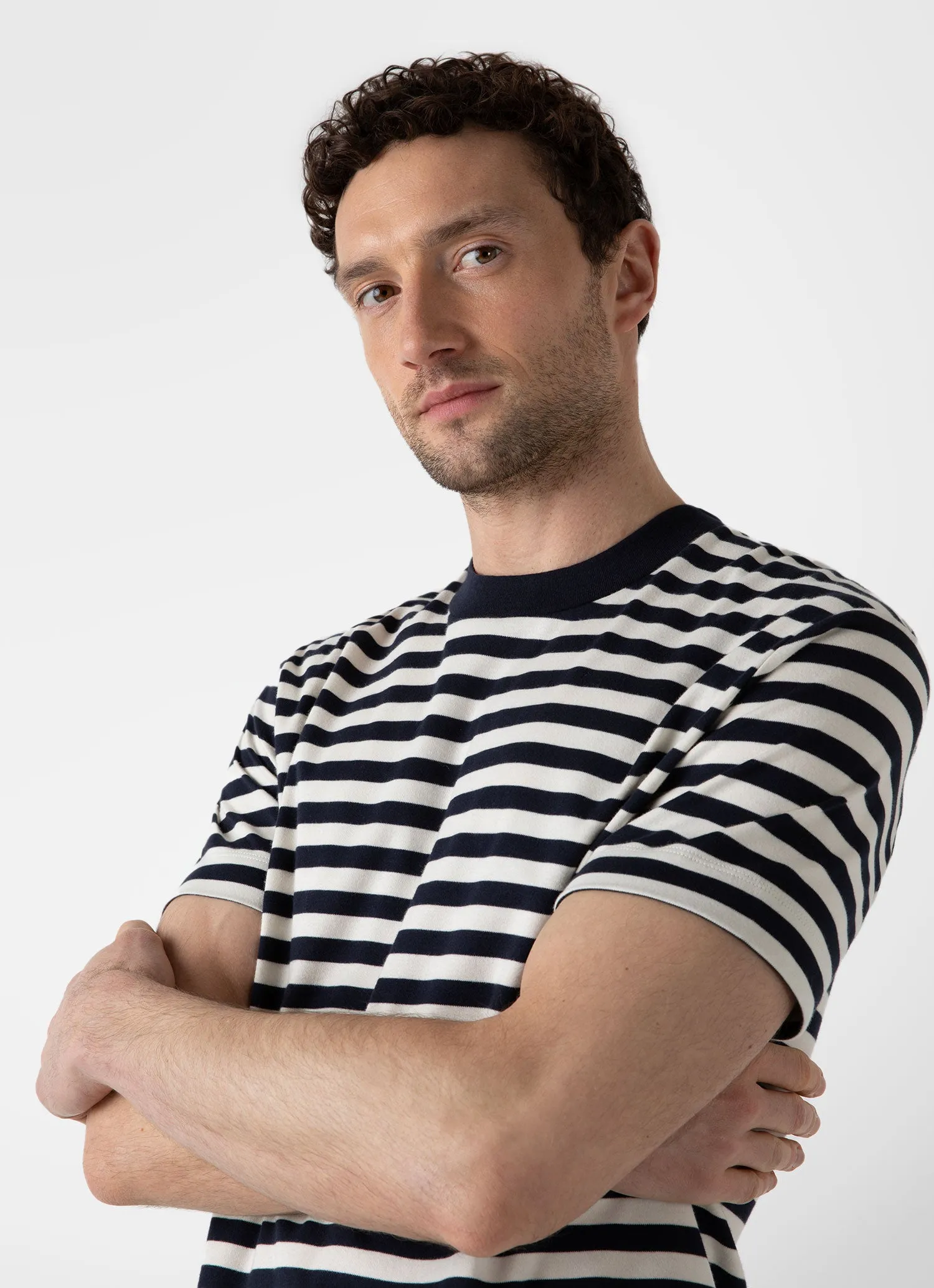 Men's Brushed Cotton T-shirt in Navy/Ecru Block Stripe sold by Sunspel product image thumbnail 5