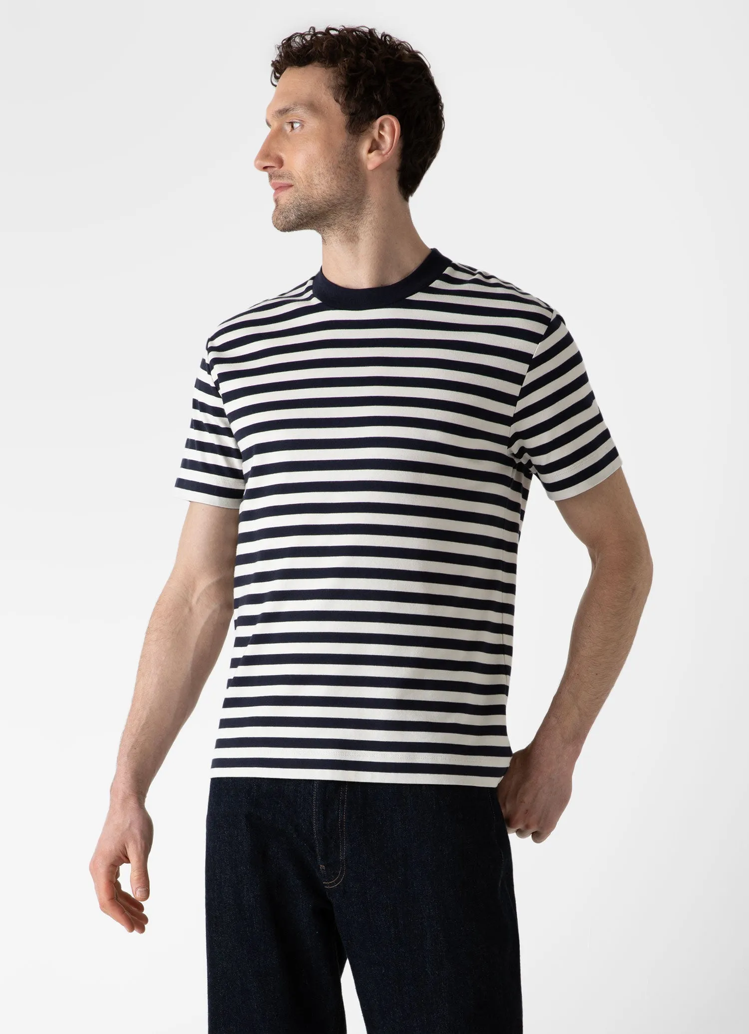 Men's Brushed Cotton T-shirt in Navy/Ecru Block Stripe sold by Sunspel product image thumbnail 2