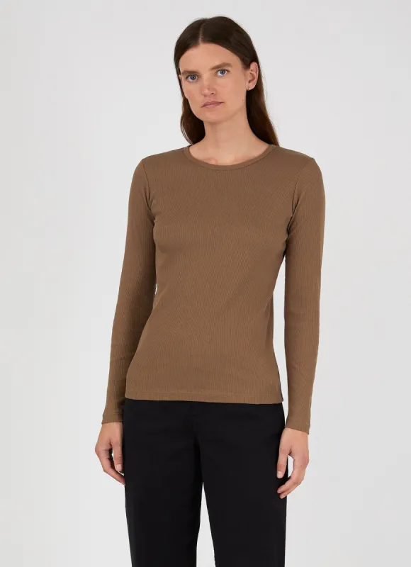 Women's Rib Long sleeve T-shirt in Dark Tan sold by Sunspel