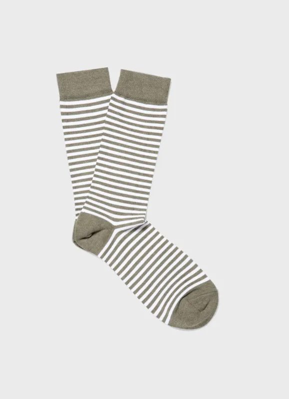 Men's Cotton Socks in Hunter Green/Ecru English Stripe sold by Sunspel