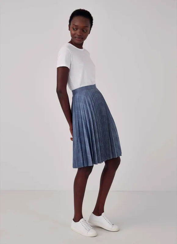 Women's Wool Sunray Pleated Skirt in Blue Check sold by Sunspel