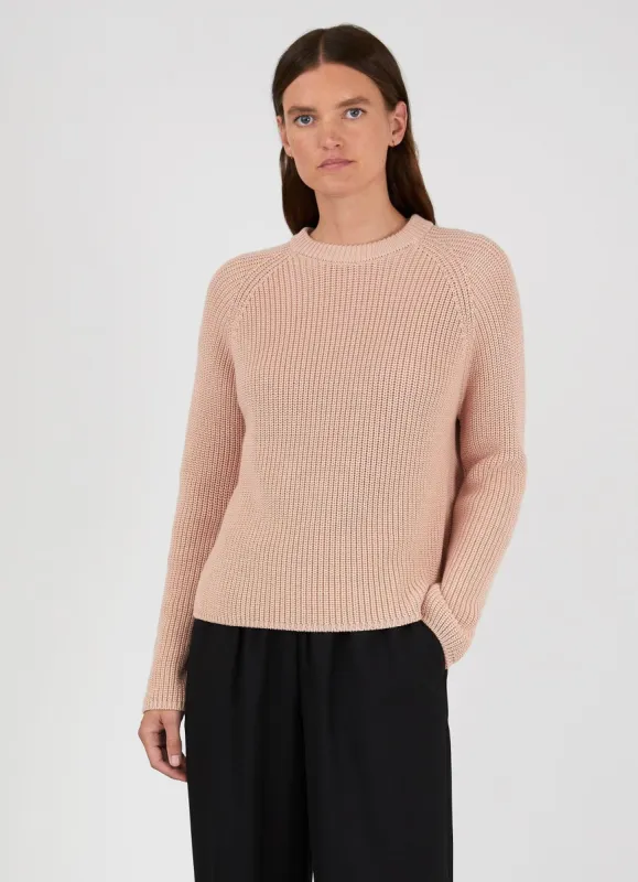 Women's Boxy Crew Neck Jumper in Shell Pink made by Sunspel