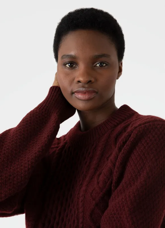 Women's Lambswool Cable Knit Jumper in Maroon sold by Sunspel