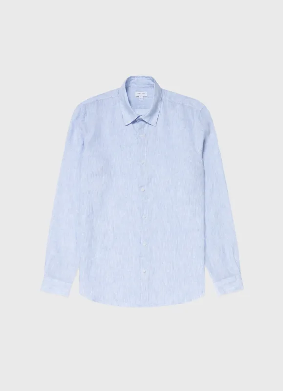 Men's Linen Shirt in Cool Blue Micro Stripe sold by Sunspel