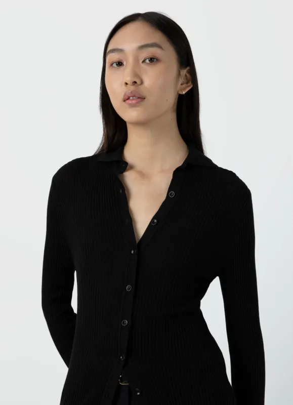 Women's Mulberry Silk Rib Cardigan in Black sold by Sunspel