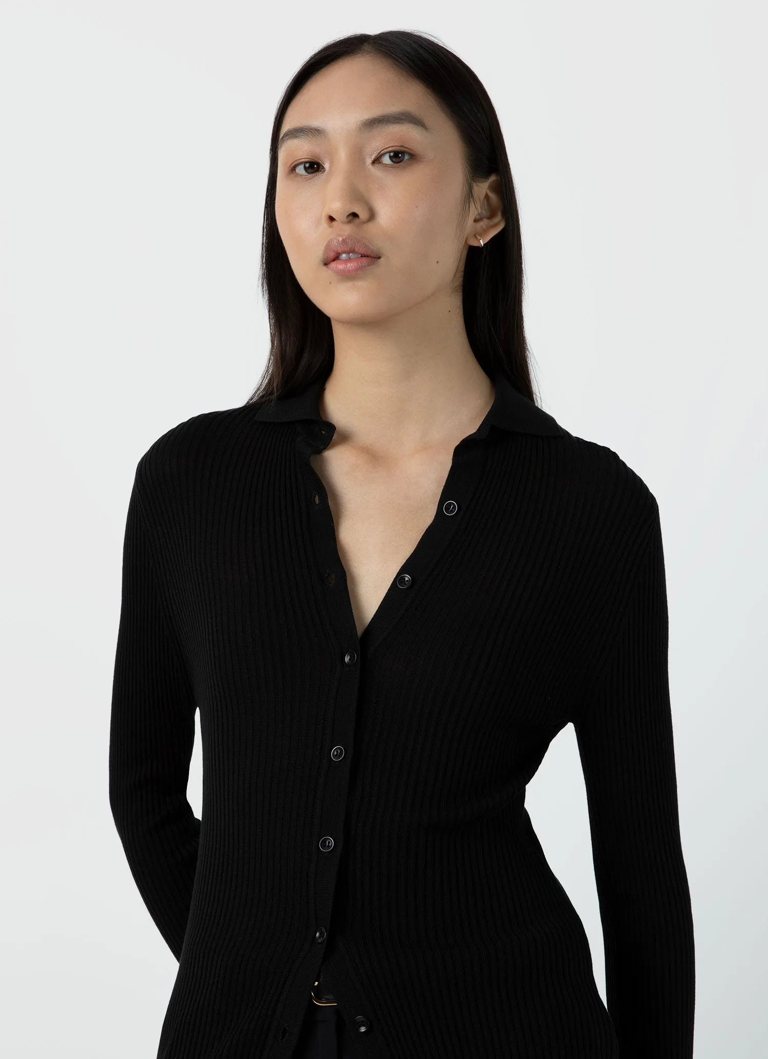 Women's Mulberry Silk Rib Cardigan in Black sold by Sunspel