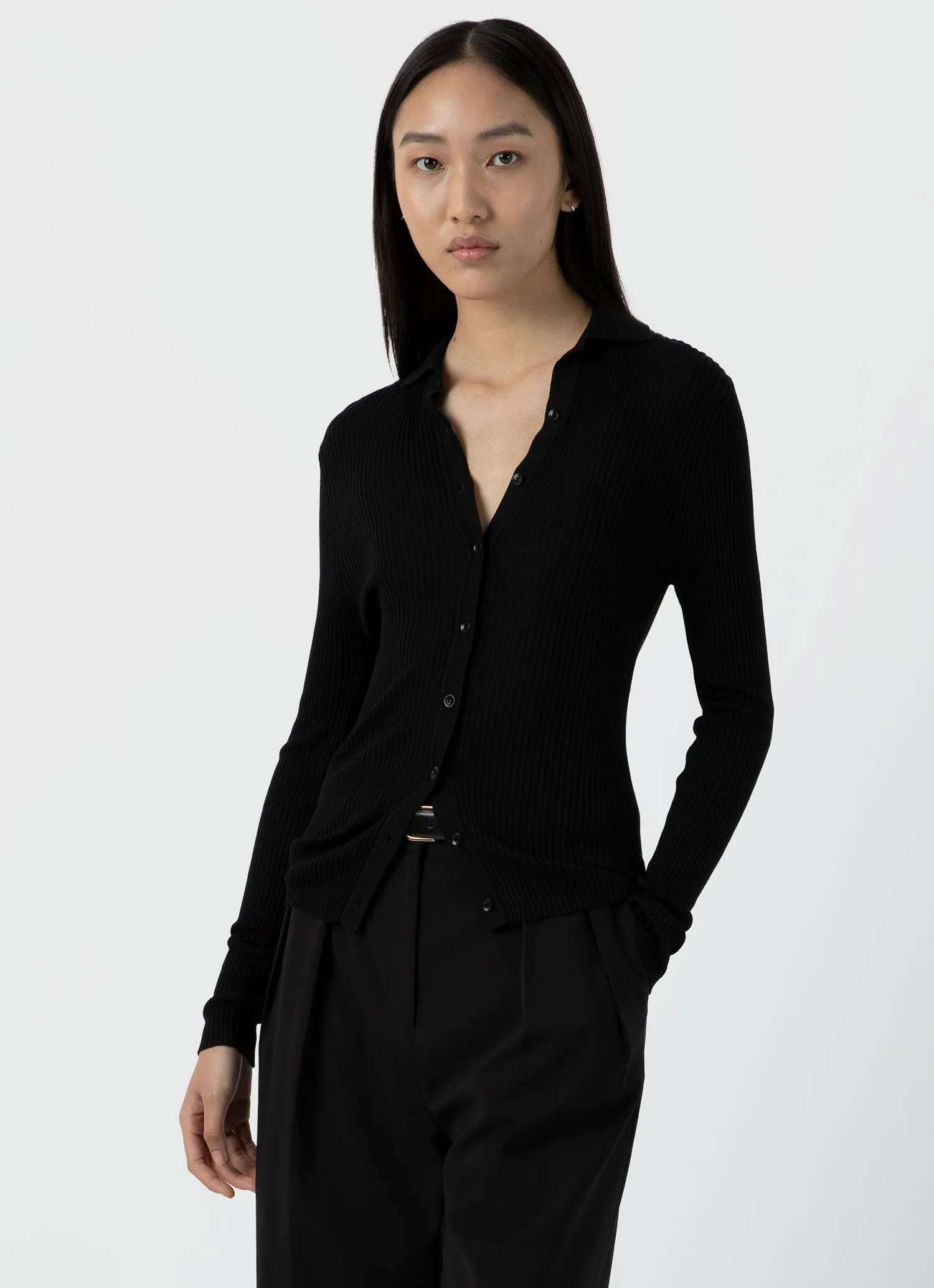 Women's Mulberry Silk Rib Cardigan in Black sold by Sunspel product image thumbnail 3