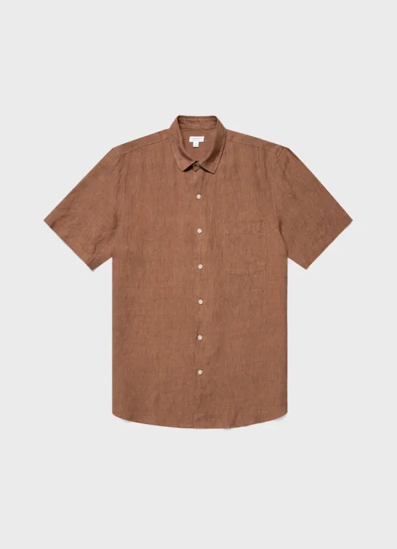 Men's Short Sleeve Linen Shirt in Gingerbread sold by Sunspel